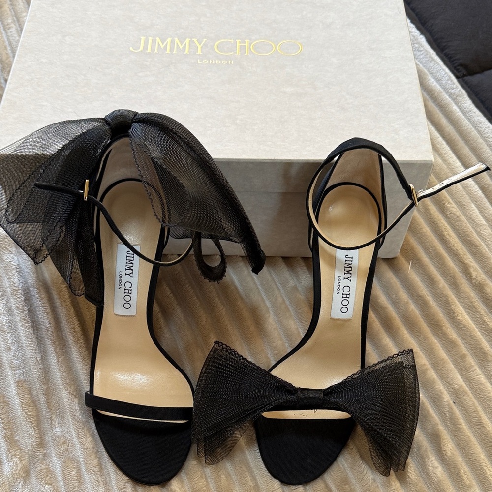 Jimmy Choo Black Aveline Heels with Elegant Mesh Bow size 40 new in box